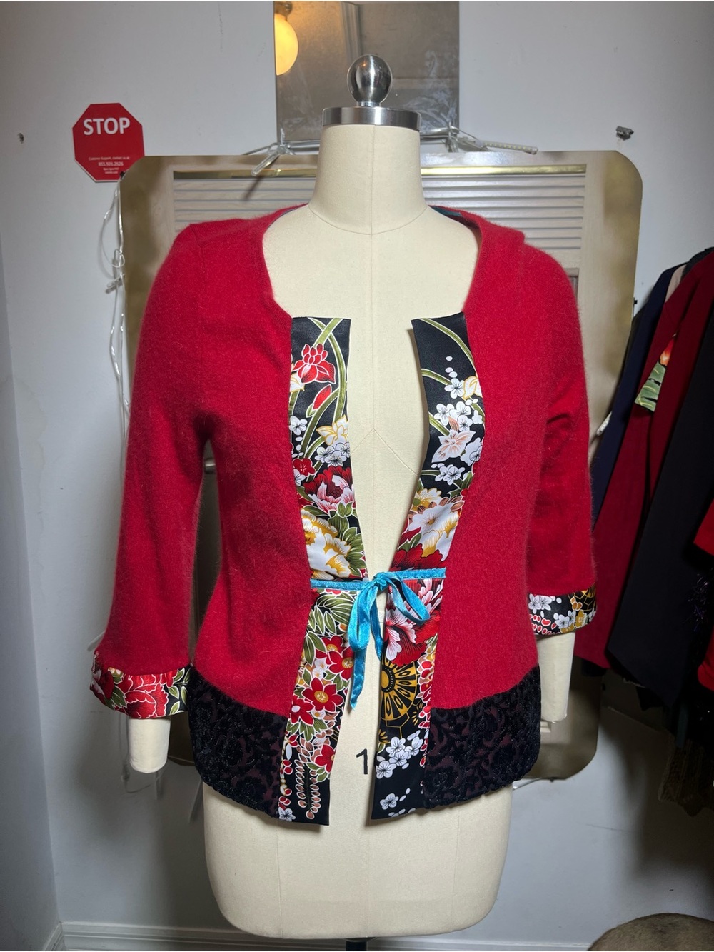 Soft Surroundings Red Wool Angora Floral Velvet Art Cardigan